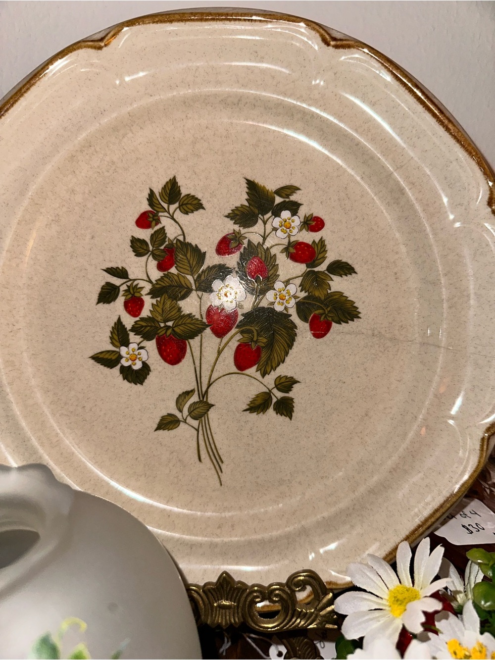 Vintage Strawberry Blossom Ceramic Serving Plate - Cream and Red